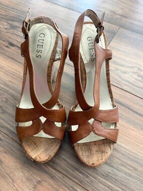 Guess brown leather strap 4" cork wedge in Size 6.5
